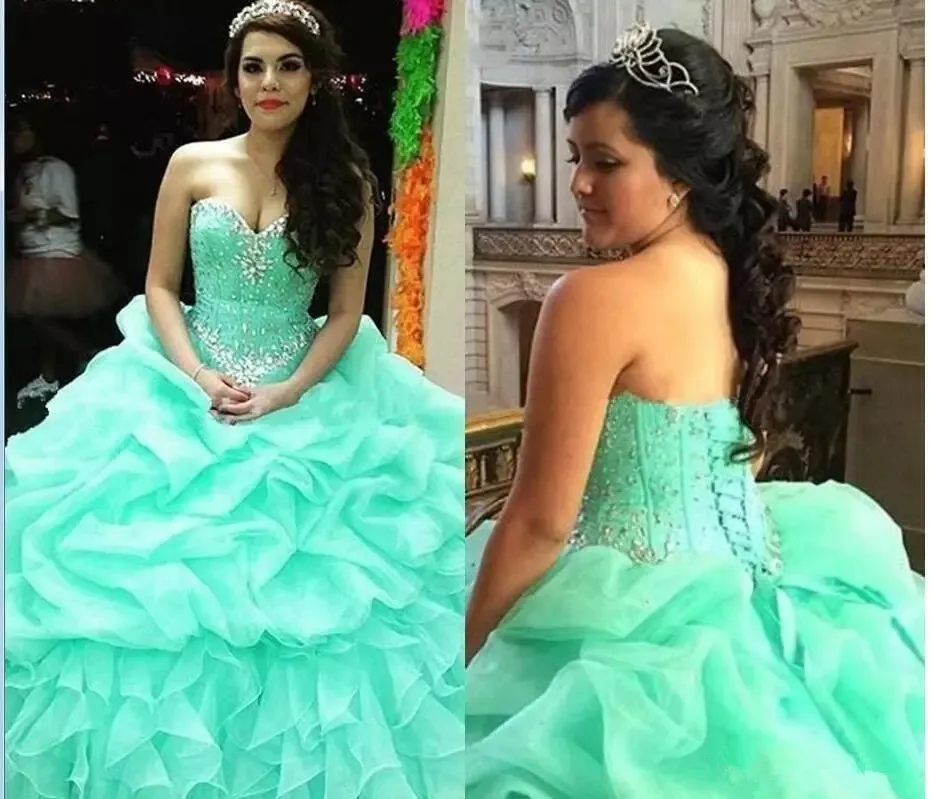 Mint Green Дешевые Цвет Зеленая мята Бальные платья бальное платье Кристалл бисером пышные органзы оборками многоуровневые сладкий 16 Бальные платья розовый - Цвет: Mint Green