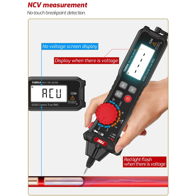 

TA802A Pen Digital Multimeter 6000 Counts True RMS Voltage Meter Smart Pen-type Meter with Logic Level Test for Measuring DC/AC