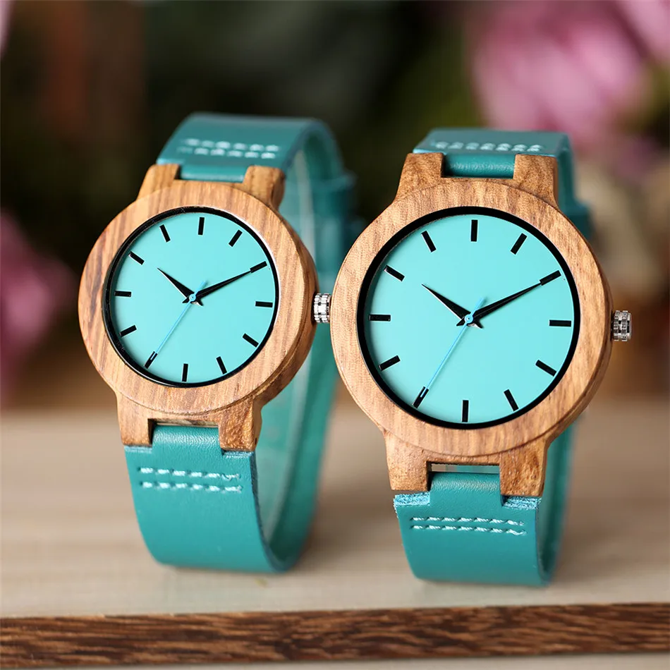 Парные деревянные часы кварцевые наручные стильные синие из натуральной кожи
