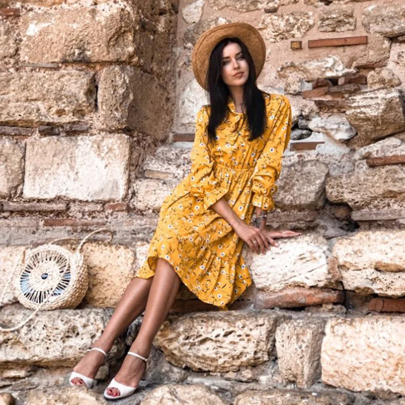 

Women Casual Autumn Dress Lady Korean Style Vintage Floral Printed Chiffon Shirt Dress Long Sleeve