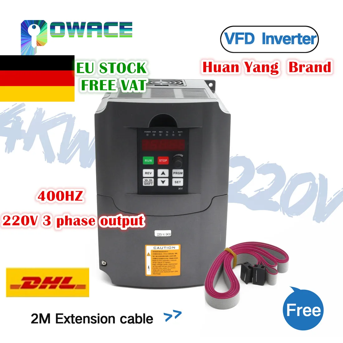 

[EU FREE VAT] 4KW 220V VFD HY Variable Frequency Drive Inverter 4HP 18A Speed Control&2M Extension cable