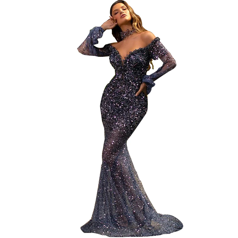 Сексуальное Кристальное платье русалки с пышным длинным рукавом и v образным