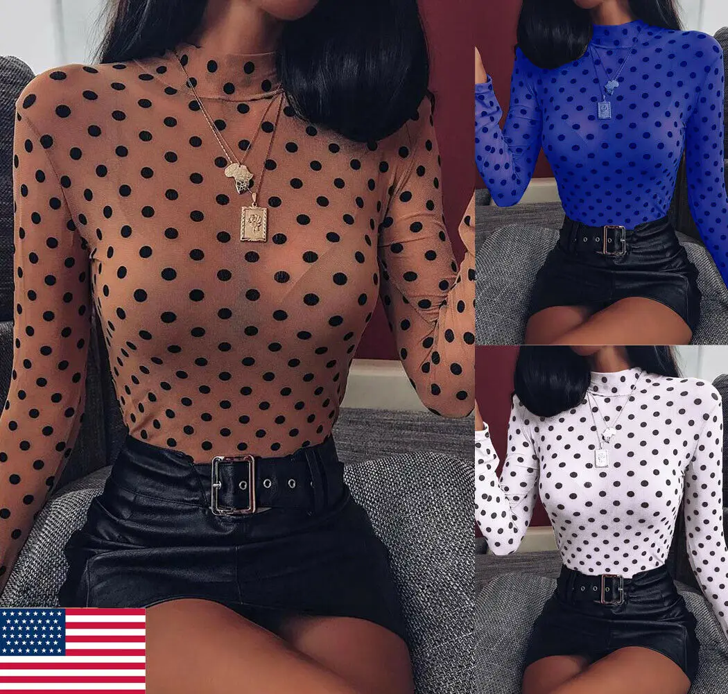 Новая мода женская блузка прозрачная сетчатая в горошек с высоким воротом