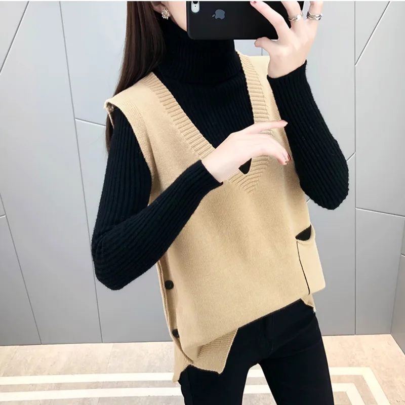 

#2437 Knitted Waistcoat Women Sweater Vest Side Buttons Casual Knitwear Vest Pullover Korean Style V-neck Knitted Top Vest Femme