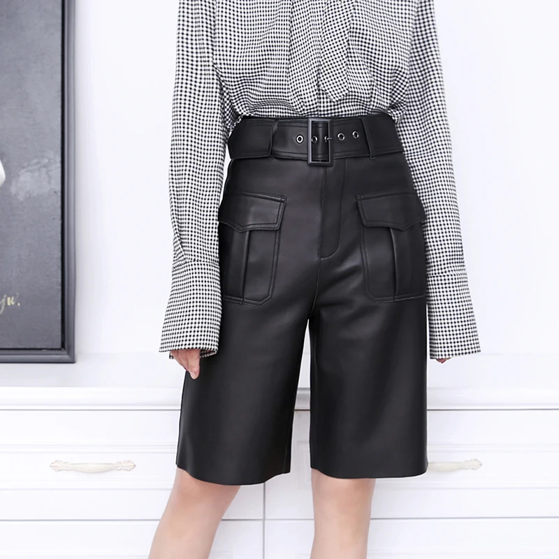 

Genuine Leather Short Pants Autumn Winter 100% Natural Real Sheepskin High Waist Straight Short Trousers Casual OL Street Shorts