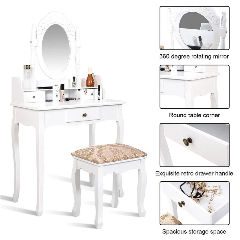 

White Vanity Makeup Dressing Table with Rotating Mirror 3 Drawers Makeup Table Stool With 360 Degrees Rotatable Mirror HW50201