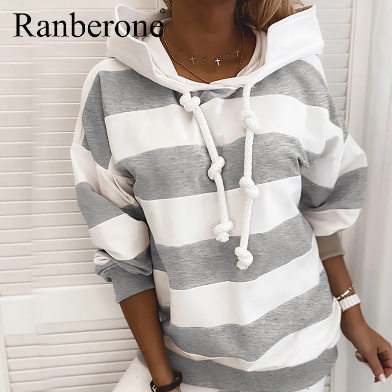 Fashion Women Hoodies Striped Colorblock Loose Hoodies Drawstring Clothes Long Sleeve Hooded Sweatshirt Female Plus Size 2020