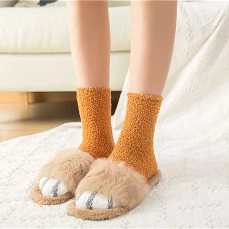 1 Pair New Arrivals Coral Fleece Socks Female Kawaii Tube socks Autumn Winter Cat Claws Cute Thick Warm Sleeping Floor | Женская одежда
