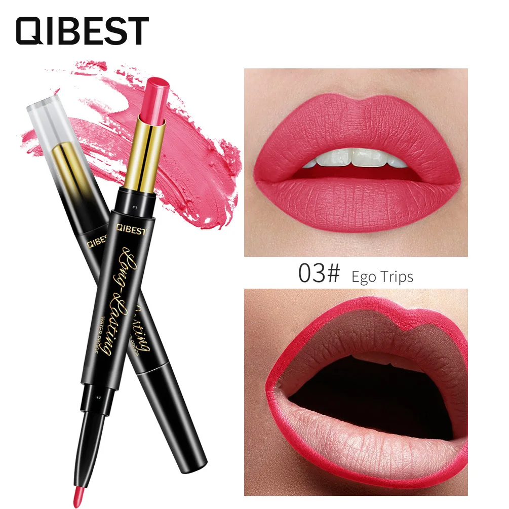 

Hot Selling Qibest Double Lipstick and Lipliner Moisturizing Matte Rotation Lip Liner Makeup Goods Comsetic Gift for Women