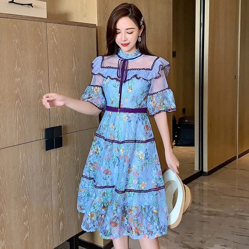 

Elegant Flare Sleeve Floral Printed Lace Dress Bow A-line Female Sweet Princess Vintage Ruffles Summer Dress For Women 2021