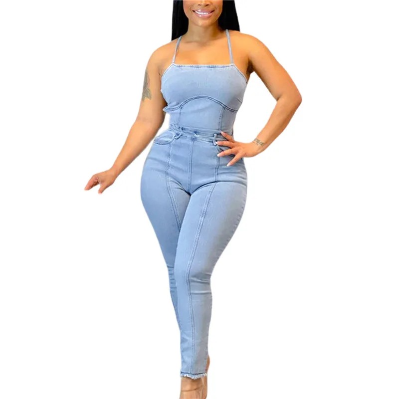 

Women Jumpsuits Solid Denim Suspender Overalls Fashion Street Backless Lace Up Spaghetti Strap Backless Romper Pants Femme S-3XL