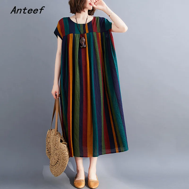 

short sleeve oversized cotton linen vintage stripe floral dresses for women casual loose long summer dress elegant clothes 2022
