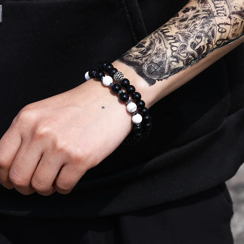 

White Black Beads Couple Bracelet Accessories Men Braclets 2Pcs/Set CZ Ball Erkek Bileklik Jewelry Mens Bracelets For Women