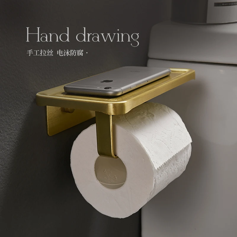 

Toilet Paper Rack Brushed Gold Mobile Phone Holder Bathroom Roll Paper Box Wall Hanging Kitchen Napkin Holder Aluminum