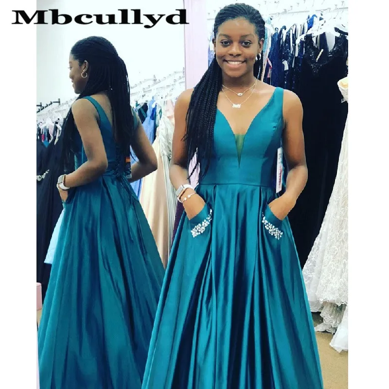 

Mbcullyd Turquoise Satin Evening Dresses With Pocket Long Crystal A Line Graduation Prom Dress 2020 vestidos de fiesta de noche
