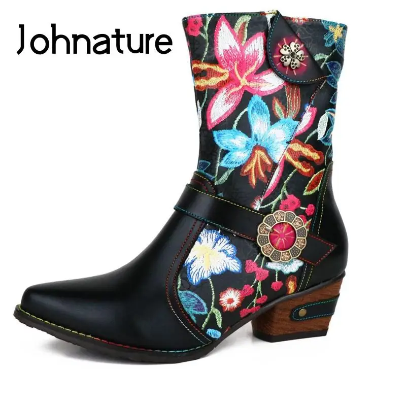 

Johnature Print Shoes Women Boots Genuine Leather Pointed Toe Winter Plush Warm Zip Sewing 2022 New Retro Ankle Platform Boots