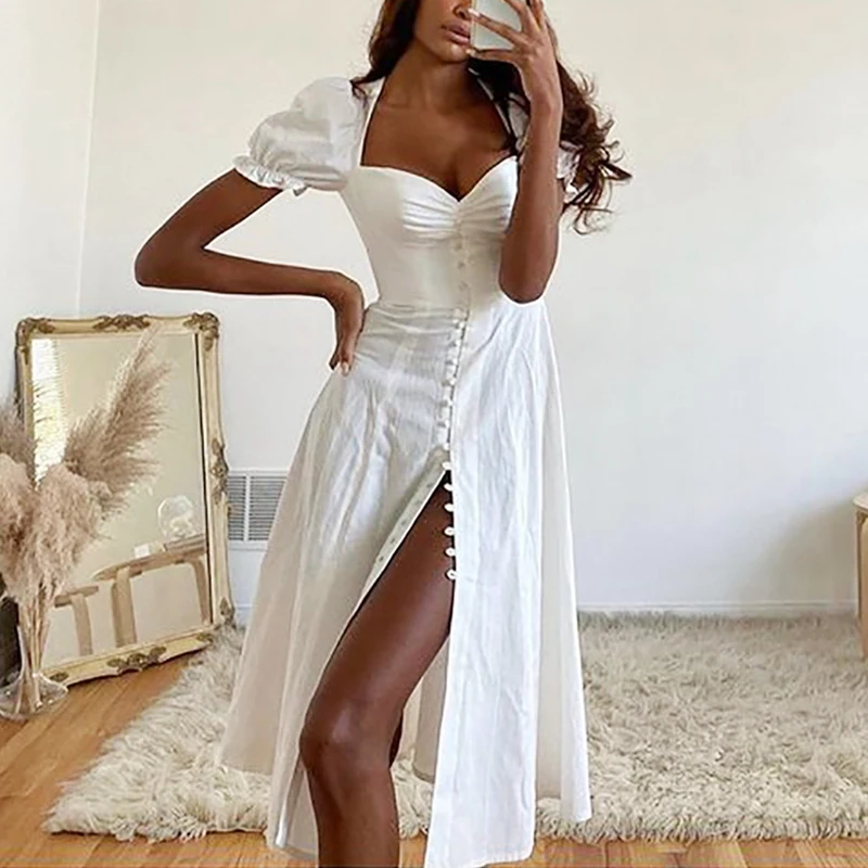 

Women's French V-Neck High Open Dress White