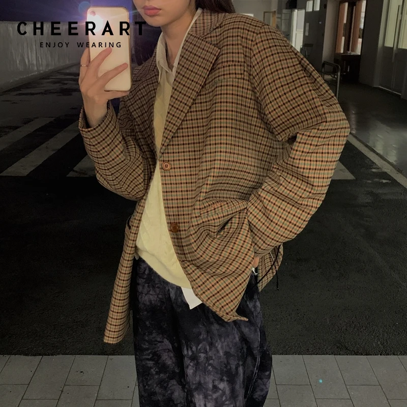 

CHEERART, винтажный клетчатый Блейзер большого размера, осень 2021, женская мода, длинный жакет с пышными рукавами, индивидуальное пальто, Осень-з...