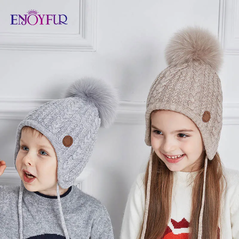 ENJOYFUR от 2 до 8 лет, детская шапка, детские зимние шапки для девочек и мальчиков, хлопковая плотная теплая вязаная шапочка с ушками, шапка с помпоном из лисьего меха