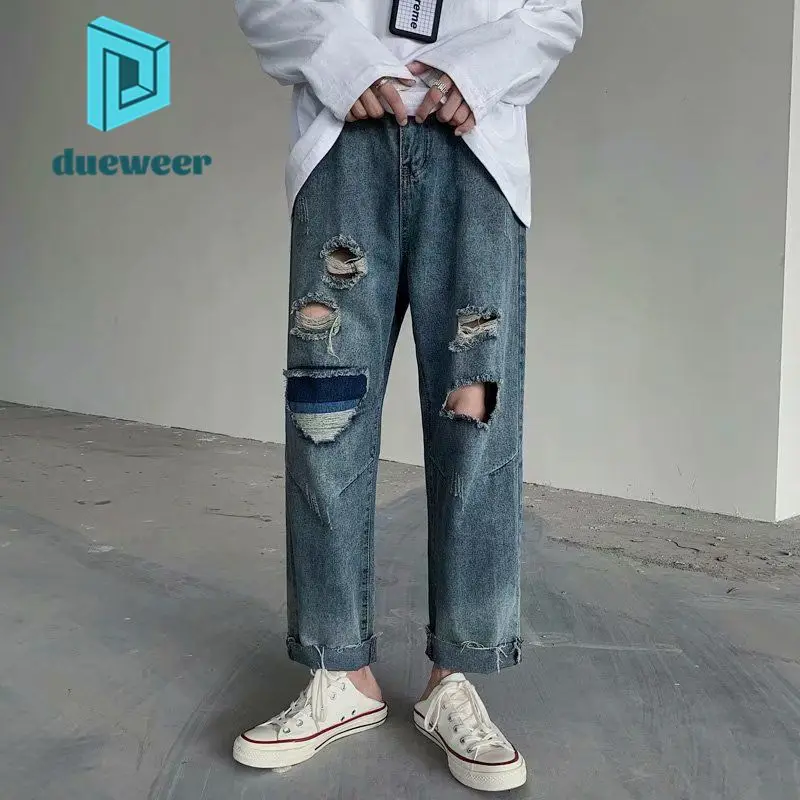 

DUEWEER Mens Straight Jeans Spring Summer Ripped Holes Patchwork Wide Leg Cropped Trousers Men Casual Harajuku Baggy Denim Pants