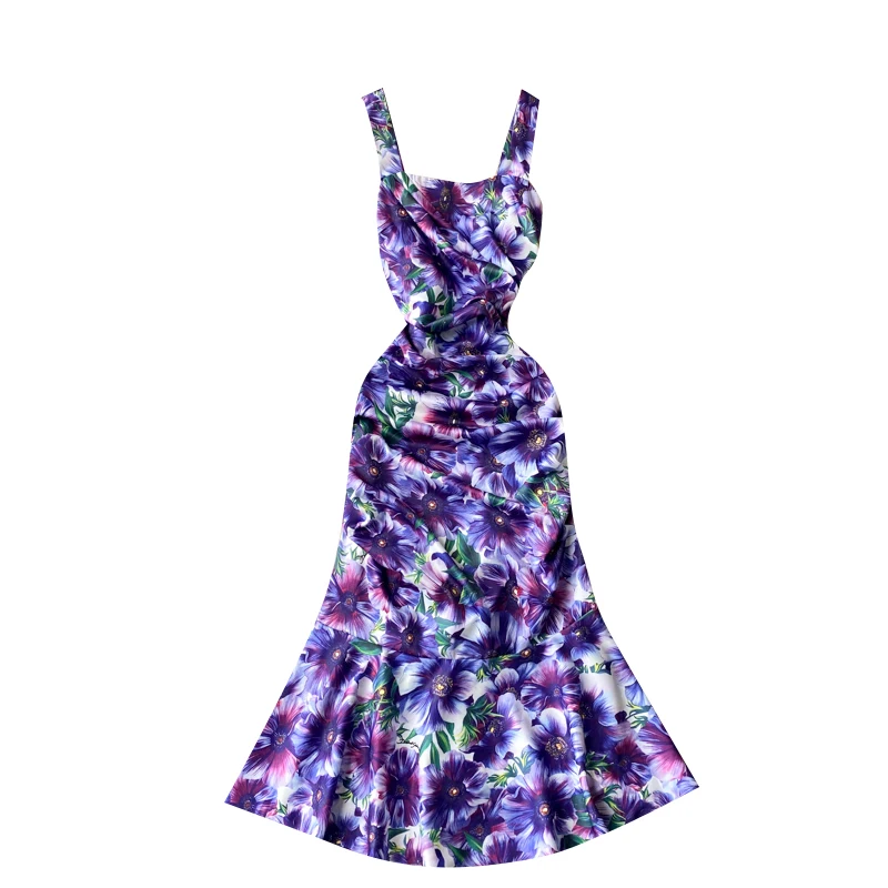 

Retro Print Strap Dress Women Korean Square Collar Sleeveless Ruched Dresses Summer Sexy Off Shoulder Midi Dress