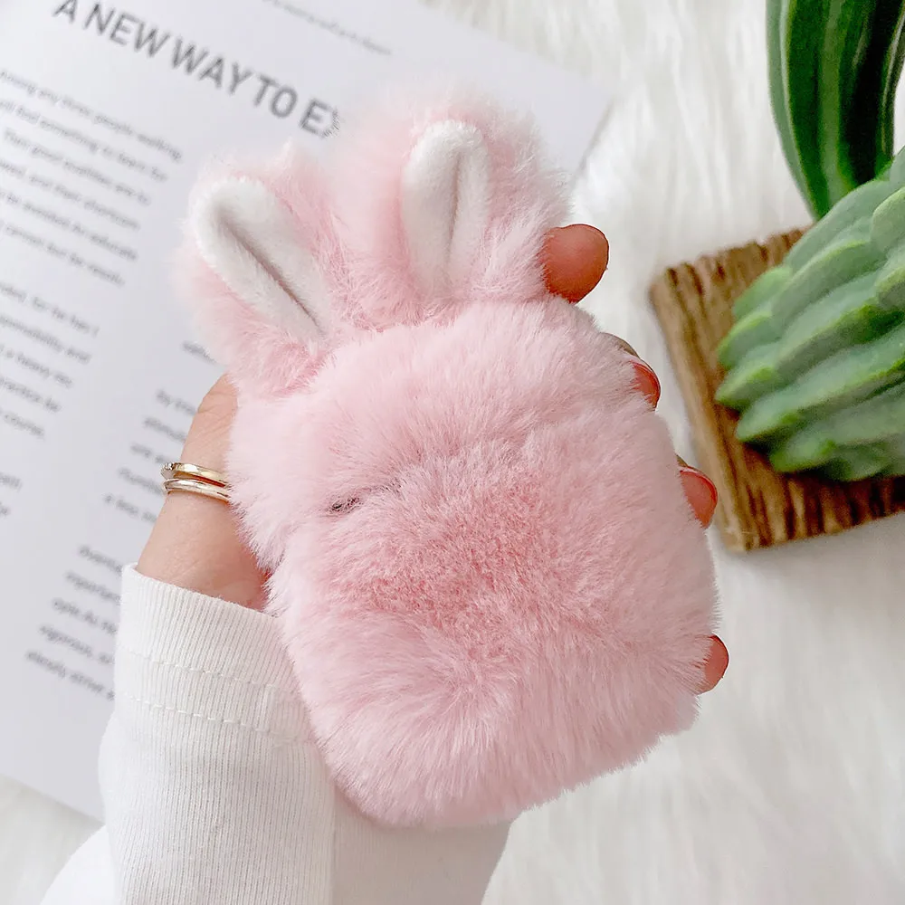 

For Apple AirPods 1 2 Wireless Charging Fluffy Box Soft Rabbit Ear Fur Case with Carabiner Plush Cover for Airpods Pro Case Capa