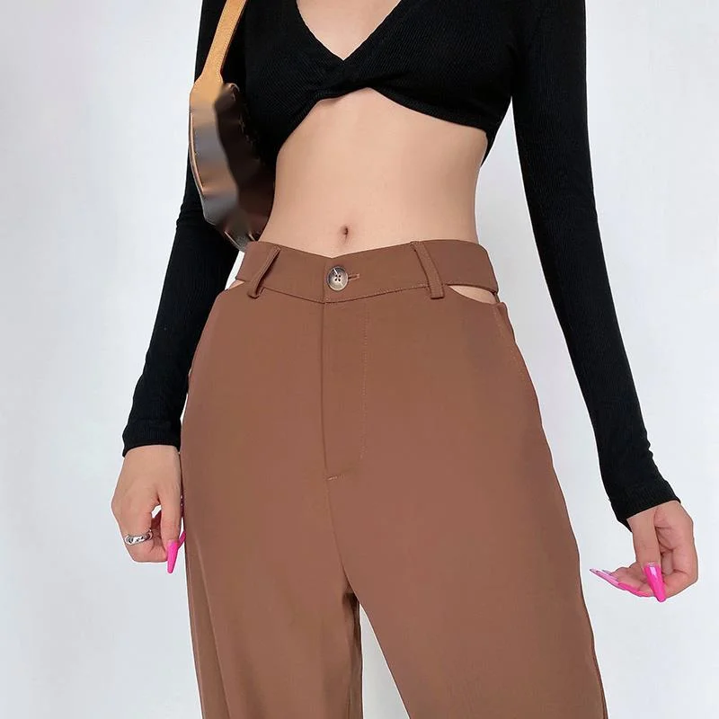 

WOMENGAGA Spice Girl Hollow Out Waist Pants Western-style Clothes Women 2021 New Casual Straight Trousers Korean Women AY8G