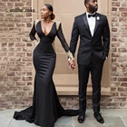 Платье-Русалка для выпускного вечера, с кружевными аппликациями, длинными рукавами, черное официальное платье, размера плюс