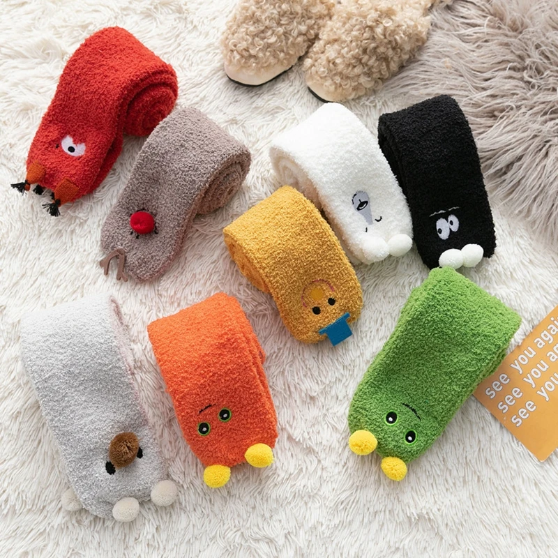 

8 Pairs Women Men Soft Warm Coral Velvet Knee High Socks Solid Color Cartoon Animal Embroidery Fuzzy Sleeping Stockings Leg Warm