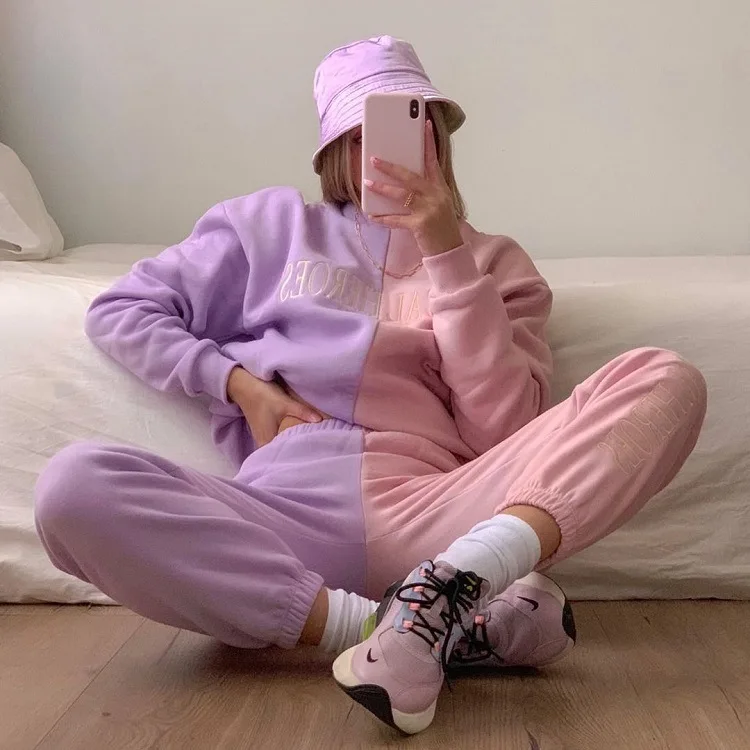 

Patchwork Pink Purple Casual Embroidery Sweatpants Women Pocket Skinny High Waist Pants Capris Fashion Cute Joggers Streetwear