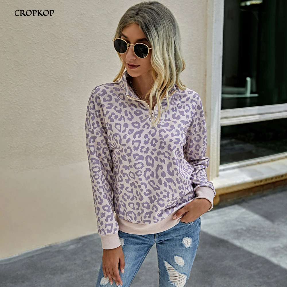 Женская толстовка с леопардовым принтом на осень и зиму длинным рукавом молнии