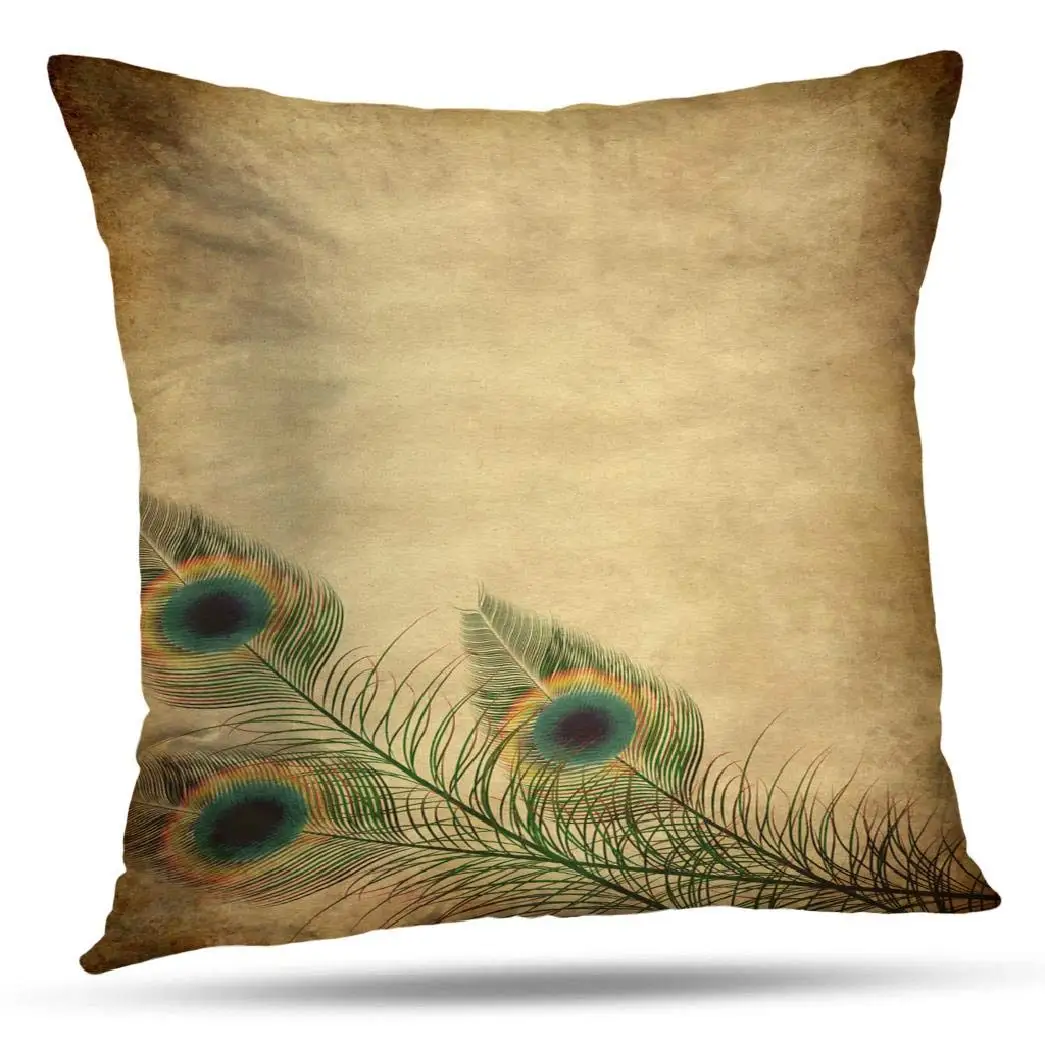 

Tan Peacock Feathers Decorative Pillow Covers, LargeSquarePillow CushionCover Old with Feathers Peacock Vintage Feather