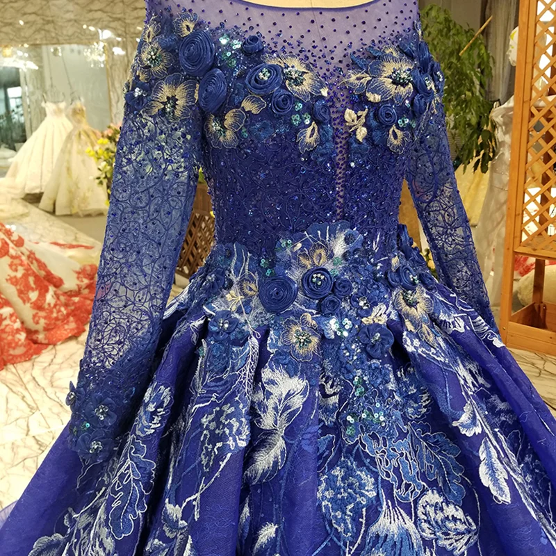 

LS21540 blue evening party dresses white appliques o-neck long sleeves prom dress court train elegant ladies evening dress long