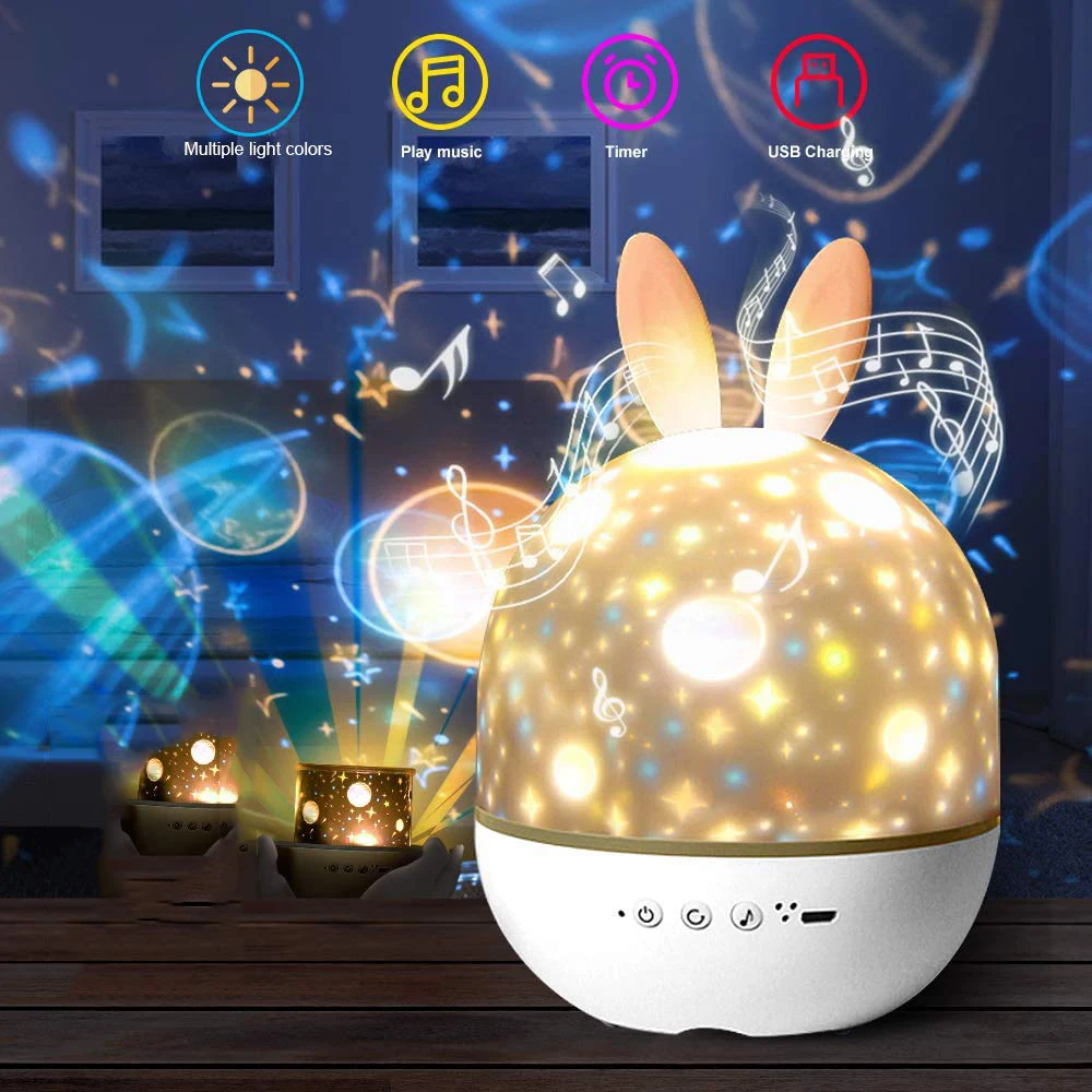 Cute Rabbit Star Night Light for Kids Rechargeable Starry Night Light Projector with Timer Design 360 Degree Rotation