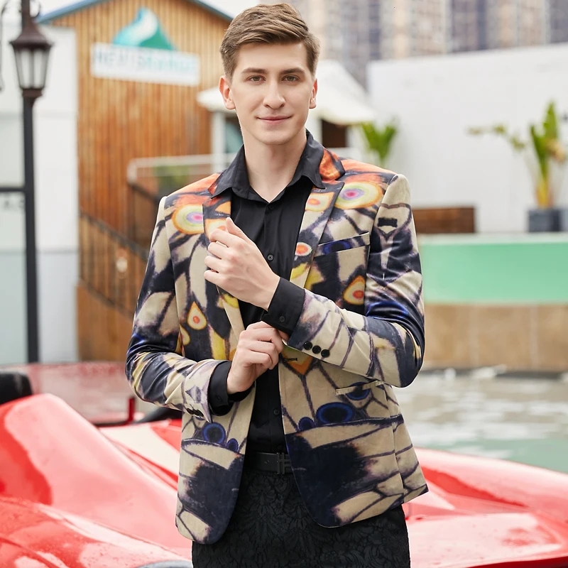 

Rsfocus Брендовые мужские печатных блейзер Модные узор дизайн Мужская Повседневный пиджак Slim Fit вечерние сценический Свадебный Блейзер XZ302