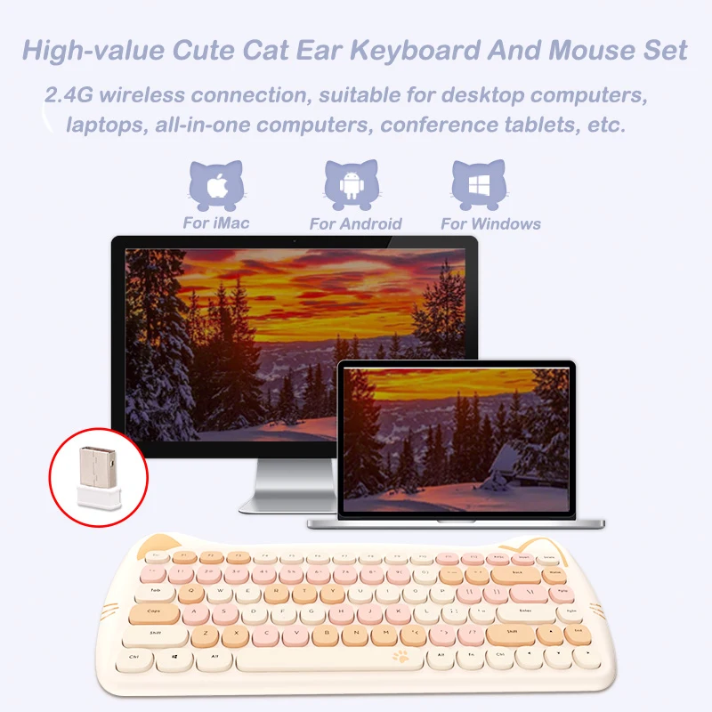 Cute Cat Ears 2.4G Wireless Keyboard Mouse Set 84 Keys Home Office Gaming Mini Pink/Purple Gamer For PC Laptop |