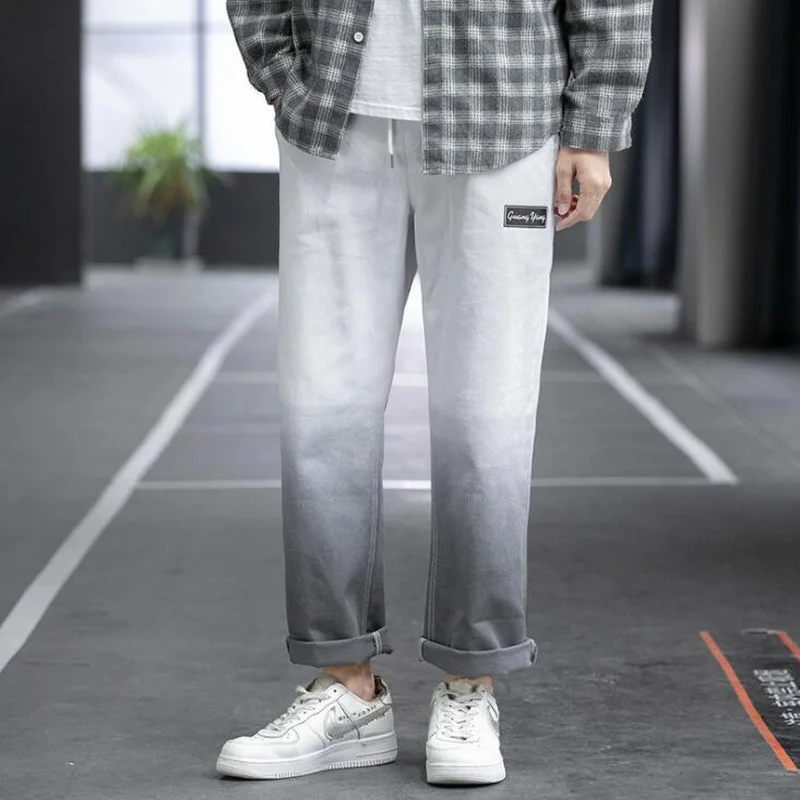 Men Jeans Cropped Fashion Gradient Color Drawstring Casual Denim Pants Male Streetwear Baggy Jeans Trousers