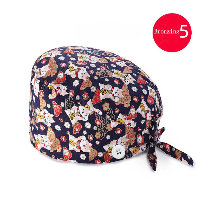 

1PC Fashion Scrub Hat gorros quirurgicos High-end Bronzing Print Sanitary Cap with Button Nursing Hats Men Women Scrub Hat