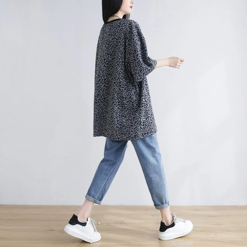 

Summer New Round Neck Tees Medium Length T Shirts Short Sleeve Top Leopard Print Large Loose T-shirt Yalabovso