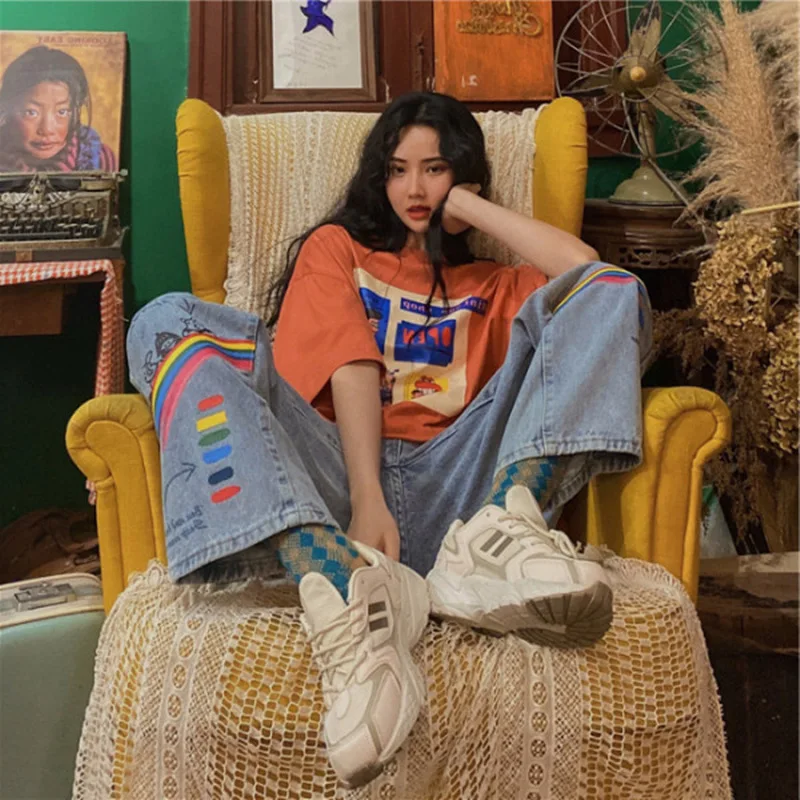 

Fashion Light Blue Vintage Graffiti Printed High Waist Cotton Denim Pants Wide Leg Jeans Women