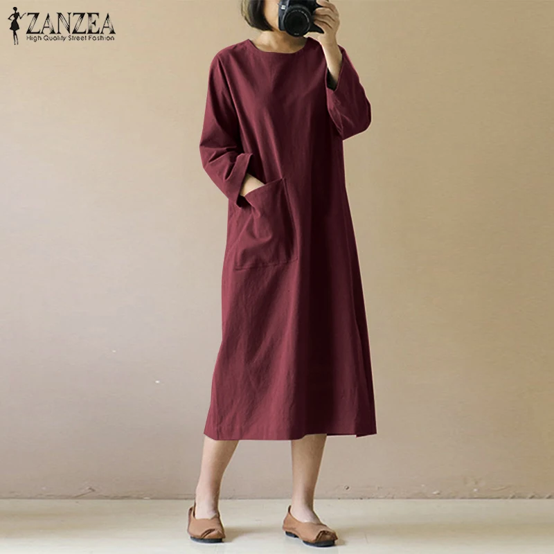 

ZANZEA Women Long Sleeve Solid Dress Vintage Split Hem Vestido Femme Casual Dresses Streetwear Robe Autumn Cotton Linen Sundress