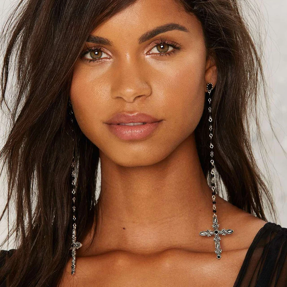 

CFBulongs Fashion Retro Gothic Style Handmade Women Jewelry Alloy Cross Geometry Beaded Ladies Long Tassel Earrings Aros Mujer