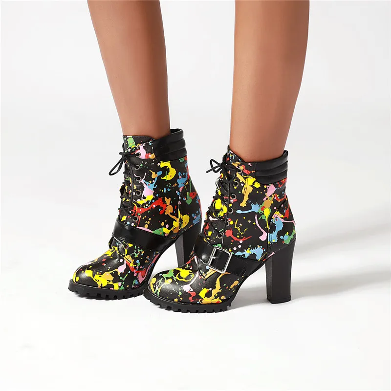 

MORAZORA 2020 new fashion style ankle boots women Graffiti buckle lace up autumn winter booties high heel party prom shoes woman