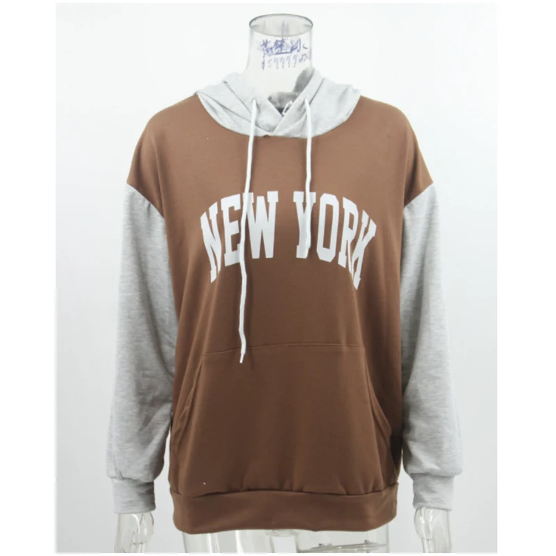 

Crewneck Long Sleeve Hooded Pocket Clothes for Teens 2020 Autumn New Brown NEW YORK Letter Print Stitching Casual Hoodies Women