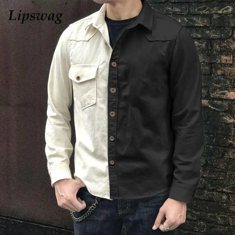 

Модная рубашка-топ для мужчин, весна-осень 2022, куртки в стиле пэчворк с длинным рукавом, повседневная мужская верхняя одежда с пуговицами и о...