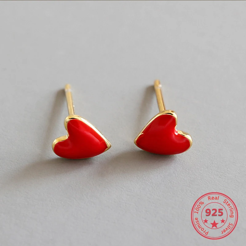 

Red Love 100% S925 Sterling Silver Stud Earrings For Women Personality Mini Bright Lovely Earrings Ear Jewelry Holiday Gifts