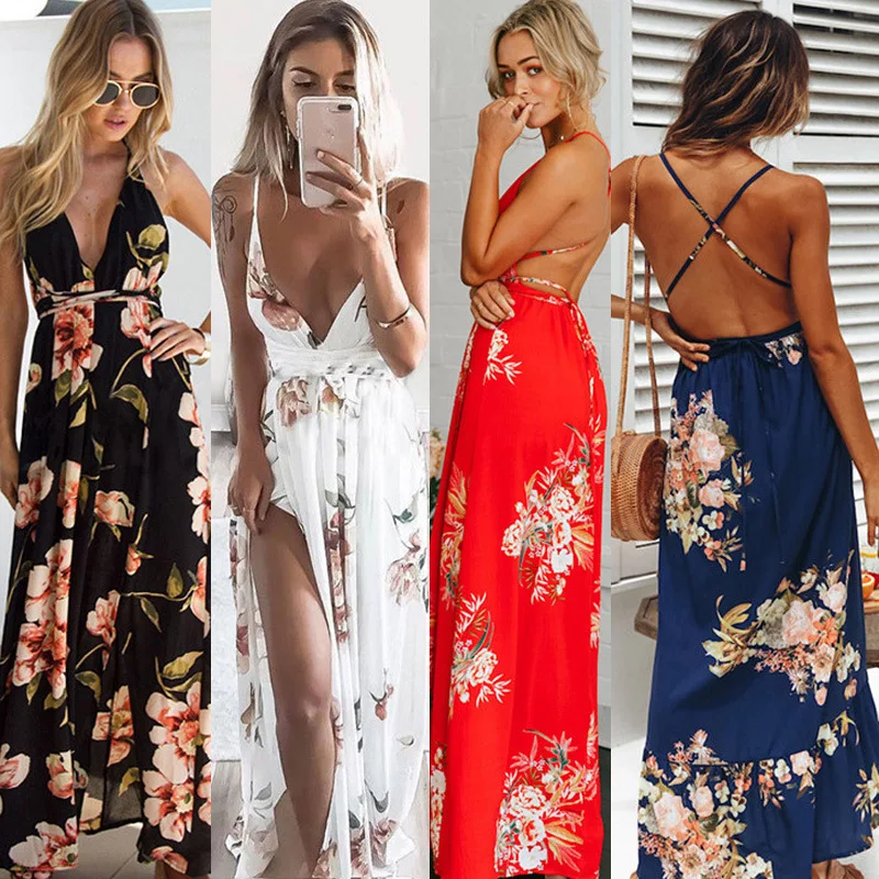 

Women Summer Floral Print Dress Sexy Off Shoulder Backless Maxi Dress 2021 Casual Elastic Split Female Elegant Party Long Dress