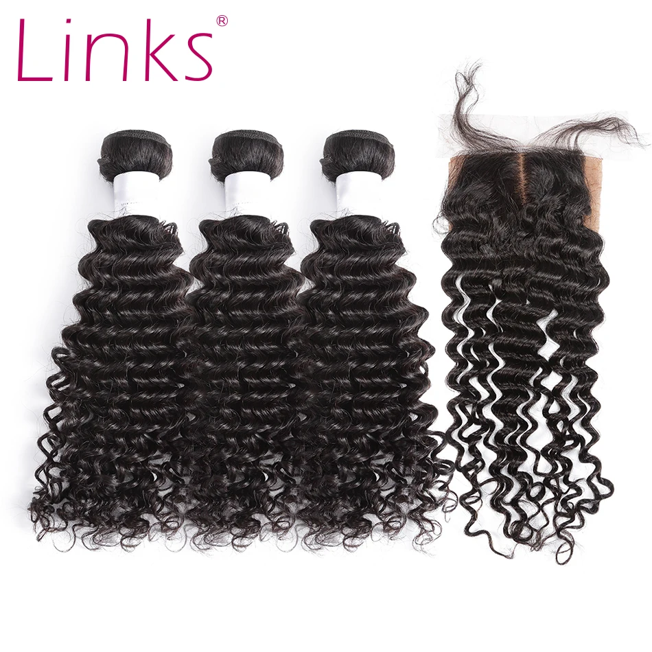 Links Hair 8-30 дюймов бразильские человеческие вплетаемые волосы 28 30 дюймов глубокая волна 3 4 пряди с кружевной застежкой Remy волосы для наращивания