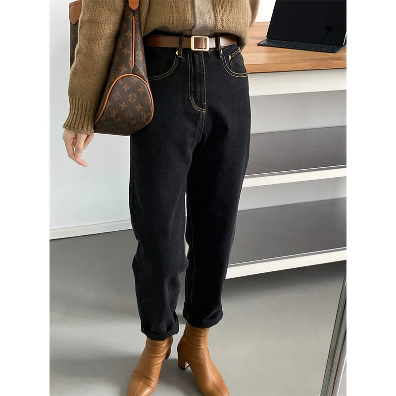 

Осенние винтажные женские черные джинсы с высокой талией, прямые облегающие брюки 2021 в Корейском стиле, повседневные облегающие брюки до щи...