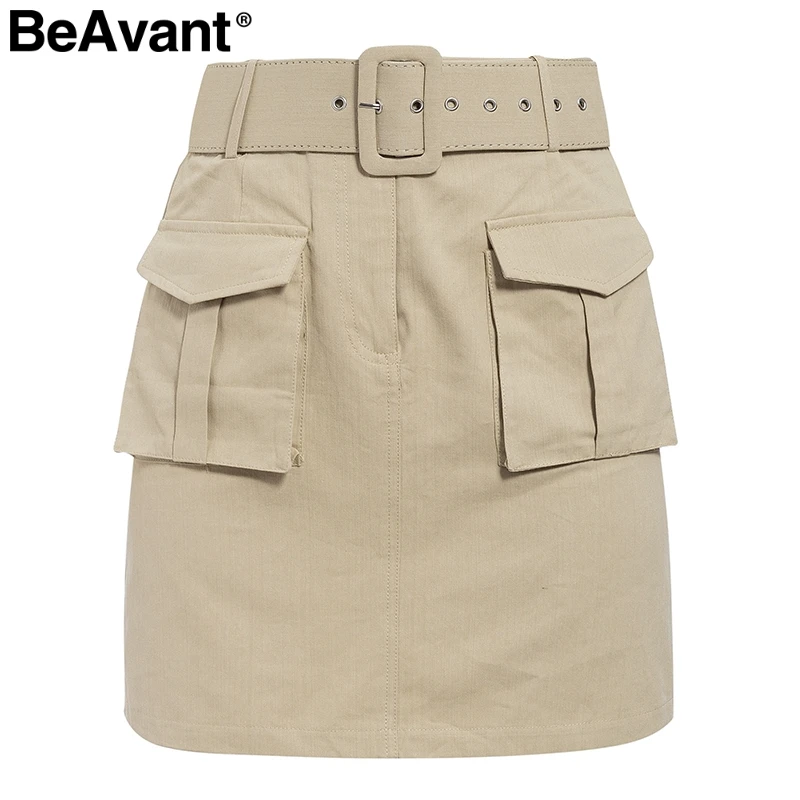 BeAvant Повседневная Хлопковая женская короткая юбка с поясом, модная Осенняя женская короткая юбка с высокой талией и карманами